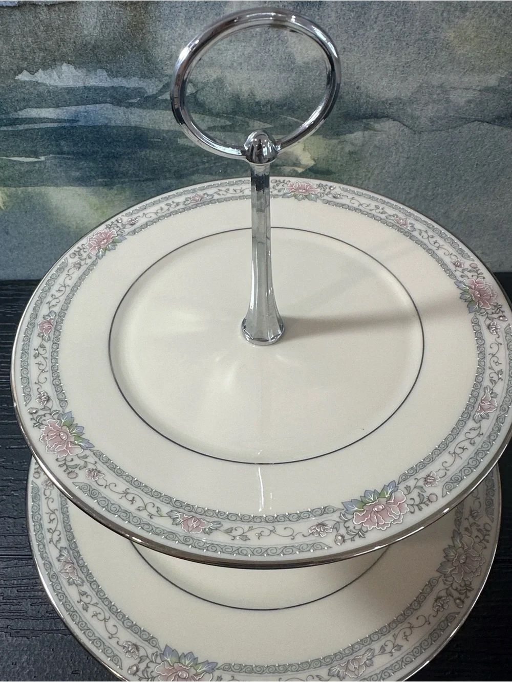 Lenox  Charleston Two Tier Cream and Pink, Silver Rimmed. Floral Serving Stand